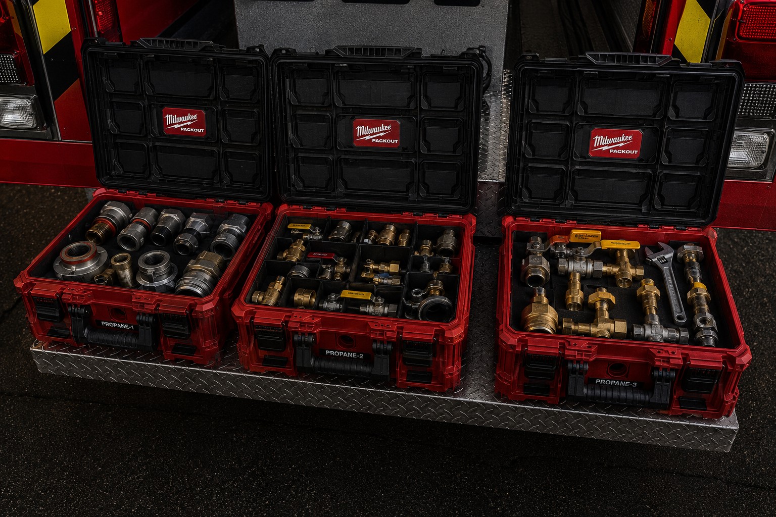 Three propane response kits open on fire apparatus tailboard