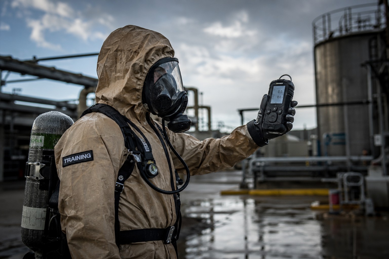 Responder in hazmat suit reading multi-gas detection meter