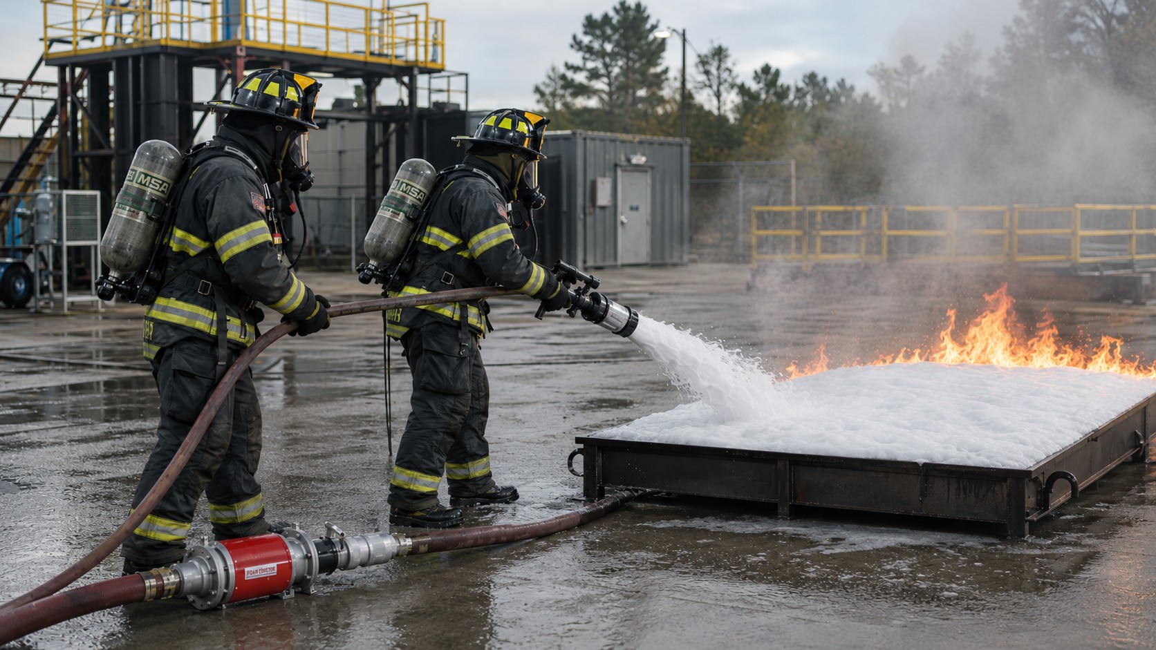 Firefighters applying foam to flammable liquid fire