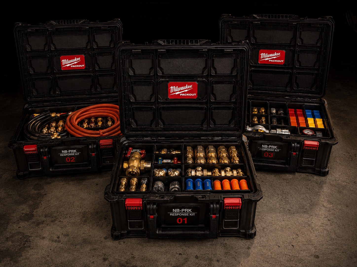 NB-PRK Response Kit three Milwaukee Packout cases open