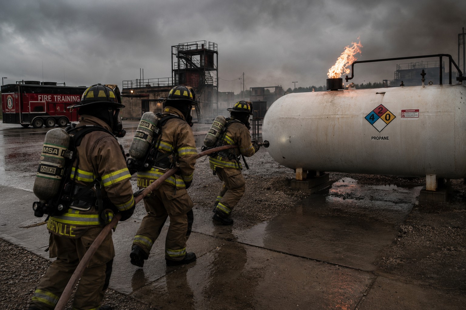 Crew approaching propane tank with live flare burning during training