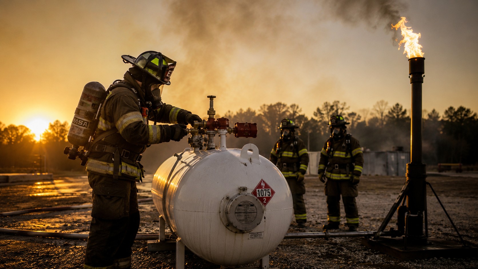 Firefighter performing valve shutdown on propane tank at sunset