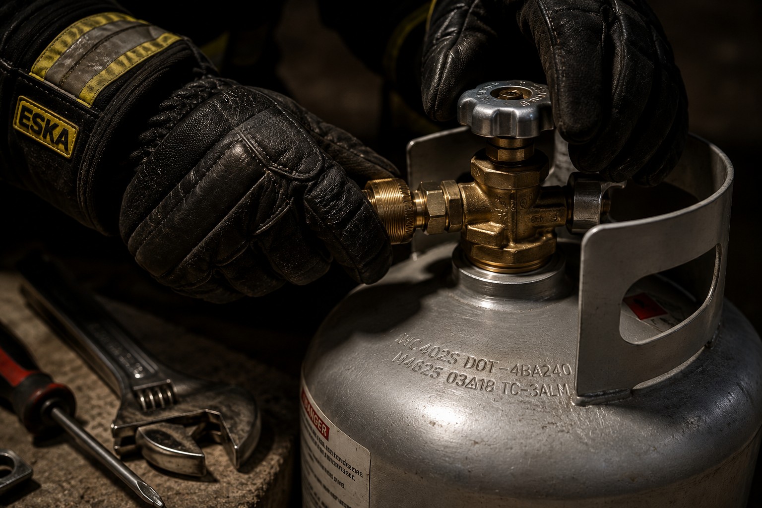 Gloved firefighter hands performing valve shutdown on DOT propane cylinder